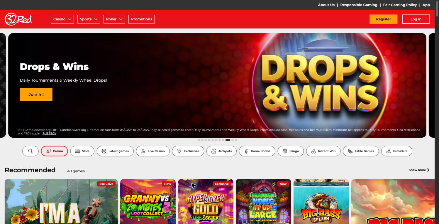 32Red UK homepage showing casino categories, game tiles and its sports and poker navigation