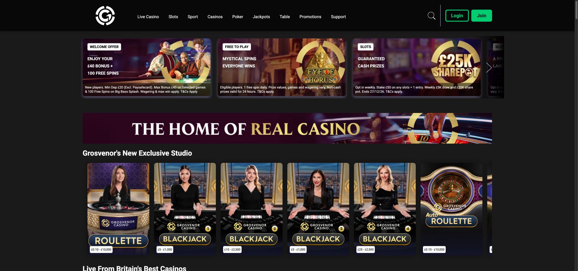 Grosvenor Casinos UK homepage showing live casino products and its main navigation