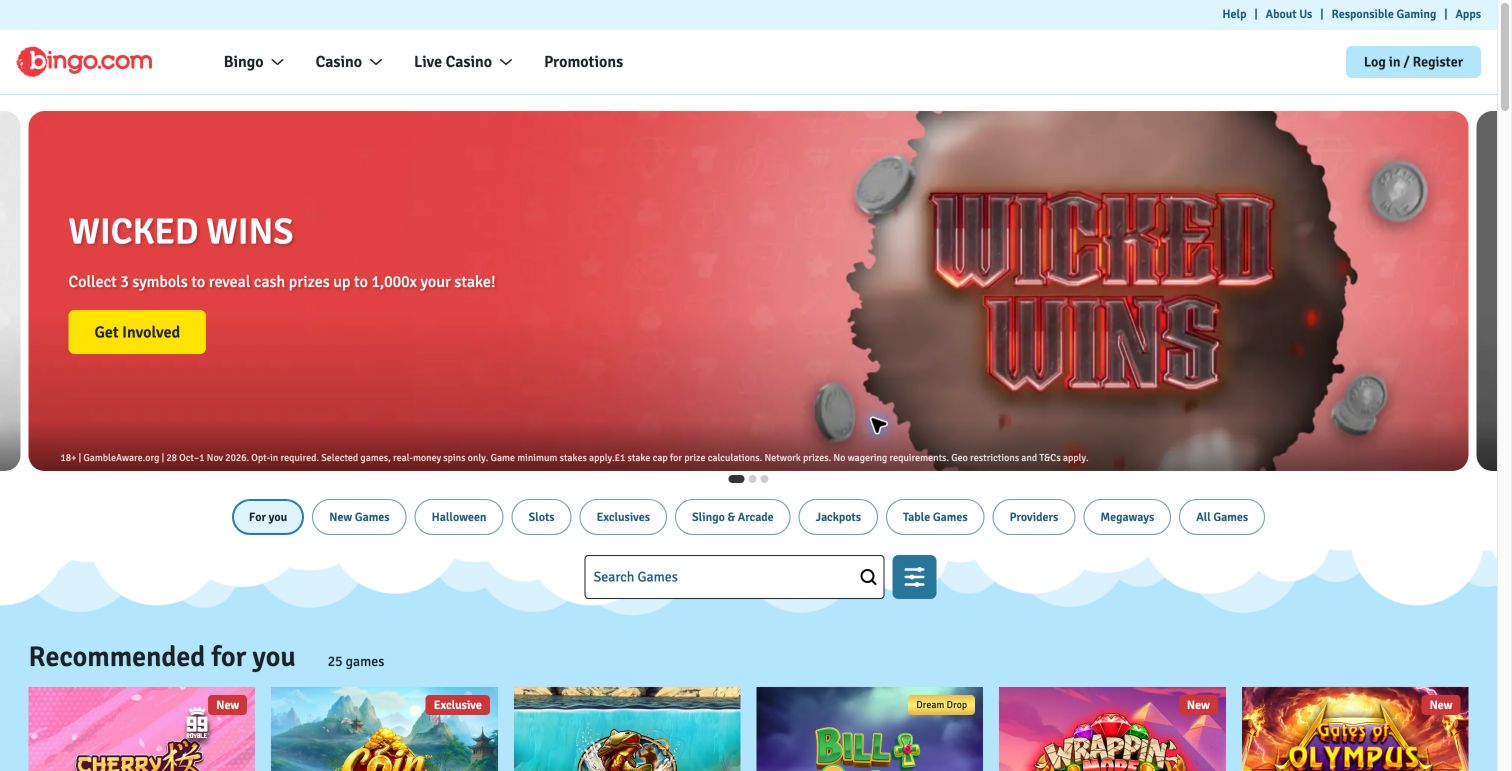 Bingo.com UK casino page, captured 29 October 2026