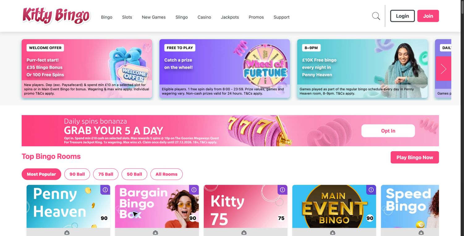 Kitty Bingo homepage showing 90-, 75- and 50-ball filters and named bingo-room tiles