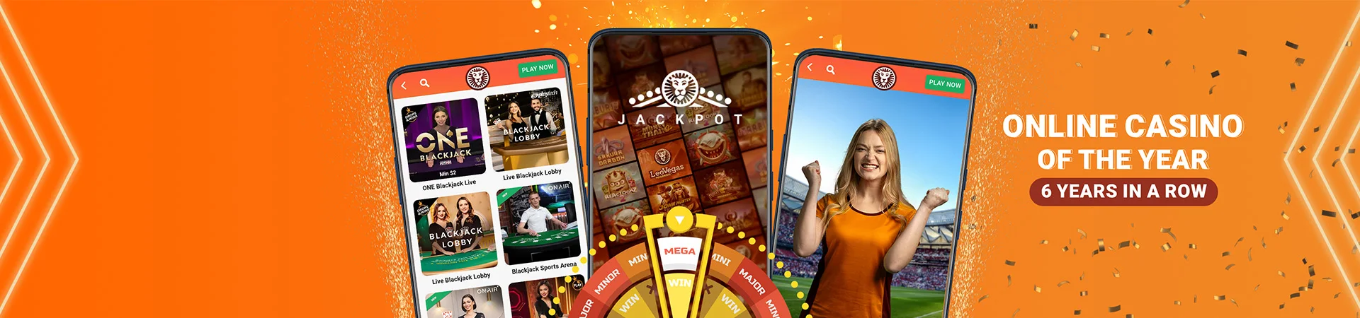LeoVegas publisher artwork showing casino and live-game screens on phones