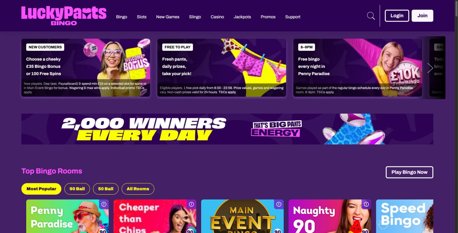 Lucky Pants Bingo homepage with ball-format filters, Penny Paradise and other room tiles