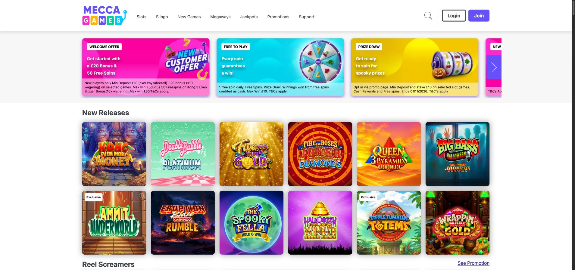 Mecca Games homepage showing slots, Slingo, Megaways and game collections