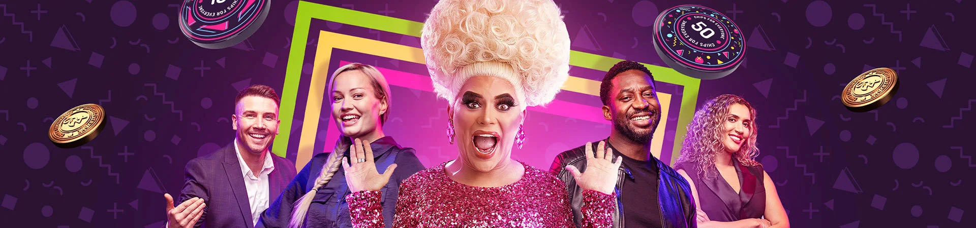 Pink Casino publisher artwork with its brand ambassador and presenters